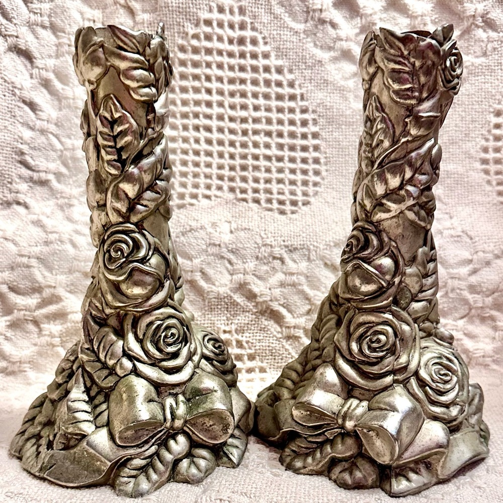 Gorgeous Ornate Roses & Bow Candle Stick Holders Silver Heavy Metal Rare Find